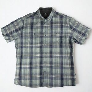 Kuhl Button Up Shirt Mens XL Blue Gray Plaid Short Sleeve Linen Blend Hiking